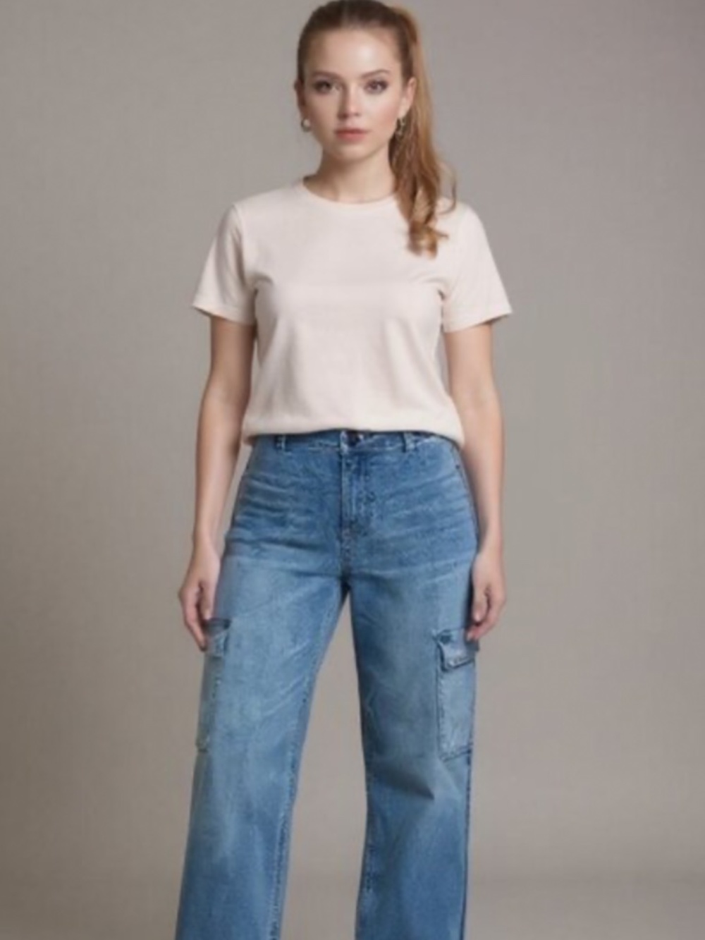 OAT New York High Rise Wide Leg Cargo Jeans - Medium Wash Raw Hem - Size 27